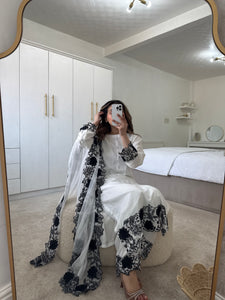 Lilen black and white floral 3 piece suit with chiffon duppata