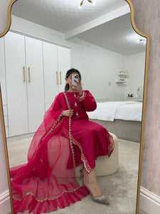 Fuschia pink Mirror work shirt with organza duppata and trouser