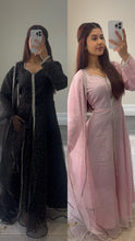 Load image into Gallery viewer, Mahira khan black sparkle suit with open gown style shirt. Duppata and trouser.