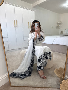 Lilen black and white floral 3 piece suit with chiffon duppata