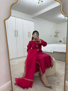 Fuschia pink Mirror work shirt with organza duppata and trouser