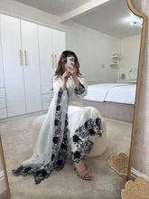 Load image into Gallery viewer, Lilen black and white floral 3 piece suit with chiffon duppata