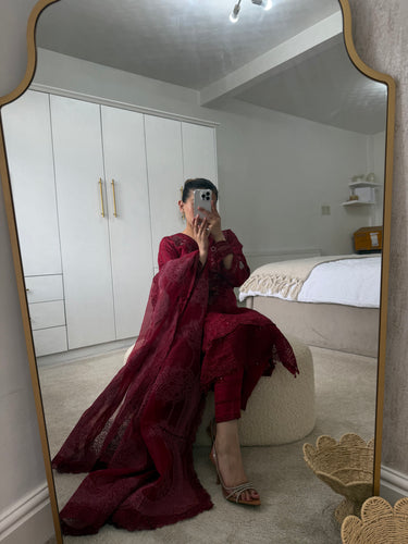 Maria b inspired maroon embroidered suit with organza duppata and trouser