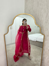 Load image into Gallery viewer, Fuschia pink Mirror work shirt with organza duppata and trouser