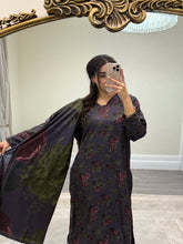 Load image into Gallery viewer, Winter printed lilen suits with lace details and cheddar duppata. Shirt with trouser and duppata winter prints Asian casual suit (immediate dispatch)