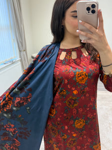 Winter printed lilen suits with lace details and cheddar duppata. Shirt with trouser and duppata winter prints Asian casual suit (immediate dispatch)
