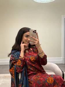 Winter printed lilen suits with lace details and cheddar duppata. Shirt with trouser and duppata winter prints Asian casual suit (immediate dispatch)