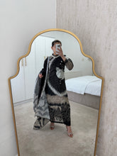 Load image into Gallery viewer, Maria B inspired - Black long kameez suit with khaddar trouser and shawl- Immediate Dispatch