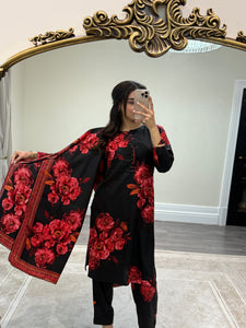 Winter printed lilen suits with lace details and cheddar duppata. Shirt with trouser and duppata winter prints Asian casual suit (immediate dispatch)