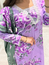 Load image into Gallery viewer, Winter printed lilen suits with lace details and cheddar duppata. Shirt with trouser and duppata winter prints Asian casual suit (immediate dispatch)