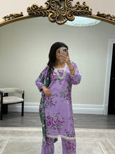 Load image into Gallery viewer, Winter printed lilen suits with lace details and cheddar duppata. Shirt with trouser and duppata winter prints Asian casual suit (immediate dispatch)