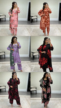 Load image into Gallery viewer, Winter printed lilen suits with lace details and cheddar duppata. Shirt with trouser and duppata winter prints Asian casual suit (immediate dispatch)