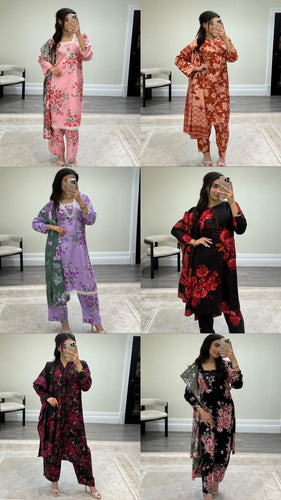 Winter printed lilen suits with lace details and cheddar duppata. Shirt with trouser and duppata winter prints Asian casual suit (immediate dispatch)