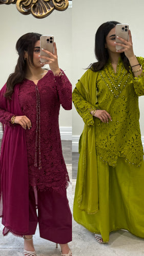 Croatia suit with embellishments and trouser. Chiffon duppata. South Asian party wear suits
