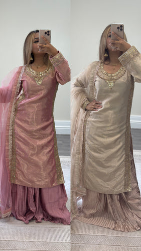 Sheesha silk suit with Gota work and embroidery and silk pleated lehenga and cotton net duppata. Party wear. Asian wedding suit.