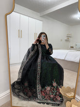 Load image into Gallery viewer, Black embroidered organza frock with embroidered duppata and silk trouser.