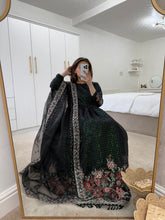 Load image into Gallery viewer, Black embroidered organza frock with embroidered duppata and silk trouser.