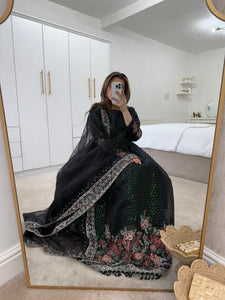 Black embroidered organza frock with embroidered duppata and silk trouser.