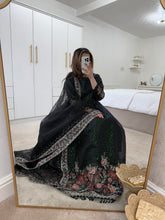 Load image into Gallery viewer, Black embroidered organza frock with embroidered duppata and silk trouser.