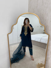 Load image into Gallery viewer, Blue velvet 3 piece suit with embroidery and pearl details with organza duppata and plain silk  trouser