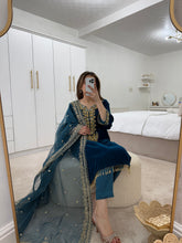 Load image into Gallery viewer, Blue velvet 3 piece suit with embroidery and pearl details with organza duppata and plain silk  trouser