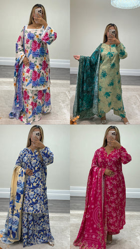 Volume 2 Winter printed lilen suits with lace details and cheddar duppata. Shirt with trouser and duppata winter prints Asian casual suit (immediate dispatch)