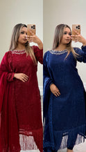 Load image into Gallery viewer, Sparkle Golden chiffon suit with embroidered chiffon duppata and trouser. Party wear. Eid collection.