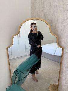 Silk 3 piece suit with gems embellishment and organza tye dye duppata.