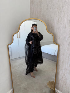 Black Maria B inspired lawn embroidered 3 piece suit with khadi net duppata.