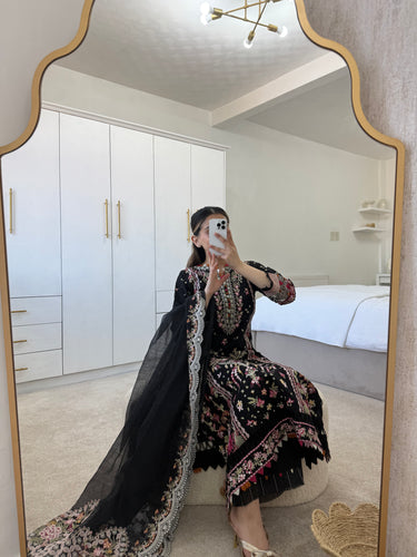 Qalamkar inspired lawn embroidered 3 piece suit with khadi net duppata.