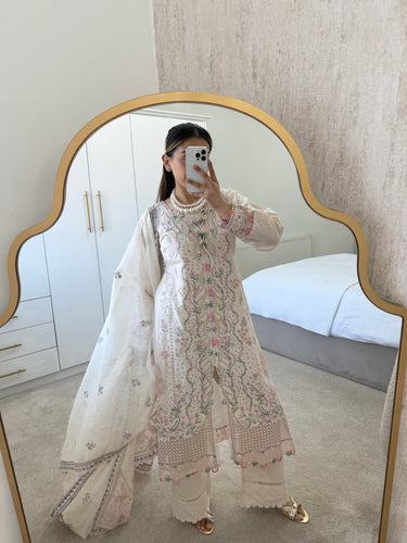 Qalamkar inspired lawn embroidered 3 piece suit with khadi net duppata.