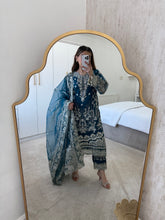 Load image into Gallery viewer, Organza teal embellished suit with organza embroidered duppata and trouser