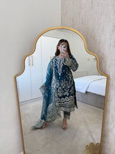 Load image into Gallery viewer, Organza teal embellished suit with organza embroidered duppata and trouser