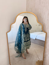 Load image into Gallery viewer, Organza teal embellished suit with organza embroidered duppata and trouser