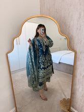 Load image into Gallery viewer, Organza teal embellished suit with organza embroidered duppata and trouser