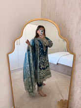 Load image into Gallery viewer, Organza teal embellished suit with organza embroidered duppata and trouser