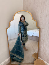 Load image into Gallery viewer, Organza teal embellished suit with organza embroidered duppata and trouser