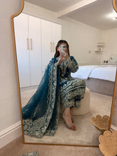 Load image into Gallery viewer, Organza teal embellished suit with organza embroidered duppata and trouser