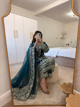 Load image into Gallery viewer, Organza teal embellished suit with organza embroidered duppata and trouser