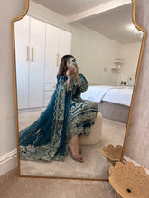 Load image into Gallery viewer, Organza teal embellished suit with organza embroidered duppata and trouser