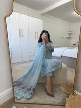 Load image into Gallery viewer, Pale blue organza embroidered and embellished suit with wide leg trouser and duppata
