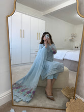 Load image into Gallery viewer, Pale blue organza embroidered and embellished suit with wide leg trouser and duppata