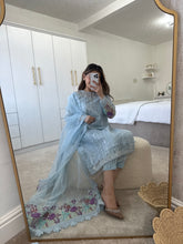 Load image into Gallery viewer, Pale blue organza embroidered and embellished suit with wide leg trouser and duppata