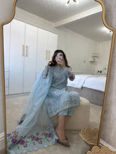 Load image into Gallery viewer, Pale blue organza embroidered and embellished suit with wide leg trouser and duppata