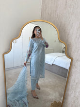 Load image into Gallery viewer, Pale blue organza embroidered and embellished suit with wide leg trouser and duppata