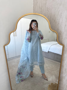 Pale blue organza embroidered and embellished suit with wide leg trouser and duppata