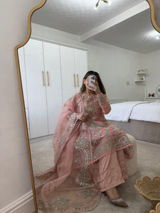 Pink organza embroidered and embellished suit with wide leg trouser and duppata