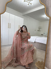 Load image into Gallery viewer, Pink organza embroidered and embellished suit with wide leg trouser and duppata