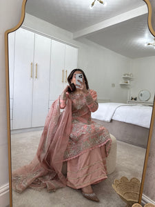Pink organza embroidered and embellished suit with wide leg trouser and duppata