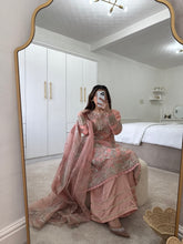 Load image into Gallery viewer, Pink organza embroidered and embellished suit with wide leg trouser and duppata